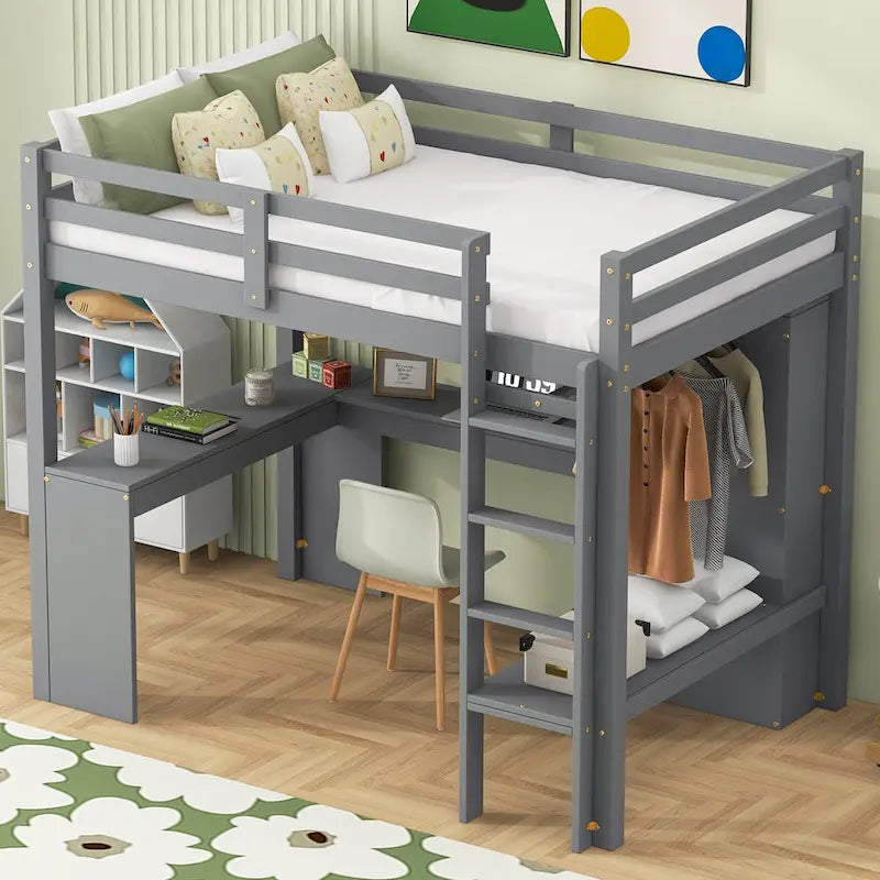 Solid Wood Loft Bed with L-Shaped Desk, Wardrobe and Storage Shelves