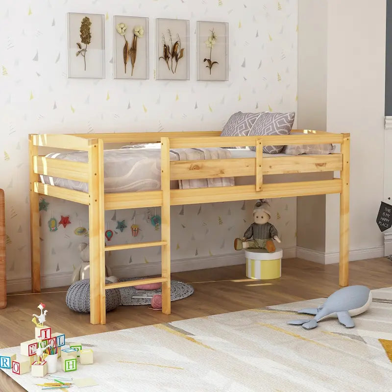 Twin Size Wood Low Loft Bed with Ladder and Fence for Kids, Boys and Girls