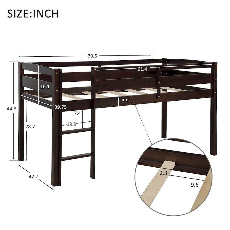 Twin Size Wood Low Loft Bed with Ladder and Fence for Kids, Boys and Girls