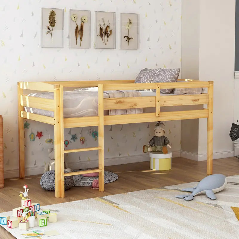 Twin Size Wood Low Loft Bed with Ladder and Fence for Kids, Boys and Girls
