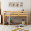 Twin Size Wood Low Loft Bed with Ladder and Fence for Kids, Boys and Girls
