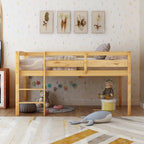 Twin Size Wood Low Loft Bed with Ladder and Fence for Kids, Boys and Girls