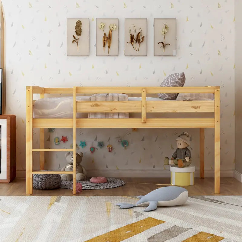 Twin Size Wood Low Loft Bed with Ladder and Fence for Kids, Boys and Girls