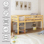 Twin Size Wood Low Loft Bed with Ladder and Fence for Kids, Boys and Girls