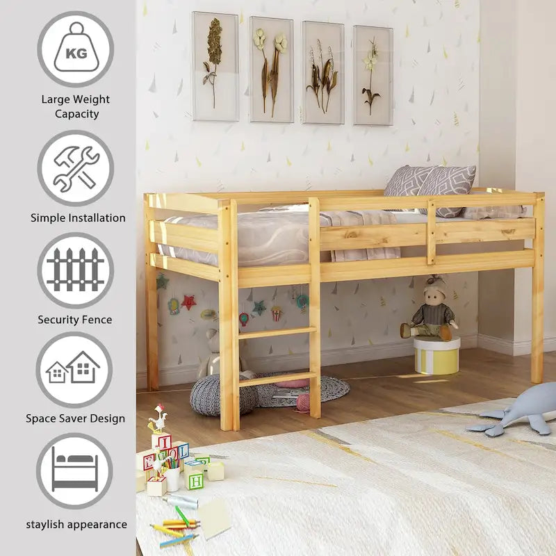 Twin Size Wood Low Loft Bed with Ladder and Fence for Kids, Boys and Girls
