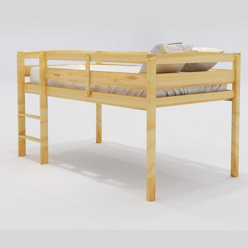 Twin Size Wood Low Loft Bed with Ladder and Fence for Kids, Boys and Girls