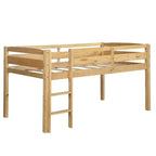 Twin Size Wood Low Loft Bed with Ladder and Fence for Kids, Boys and Girls