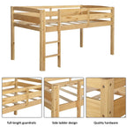 Twin Size Wood Low Loft Bed with Ladder and Fence for Kids, Boys and Girls