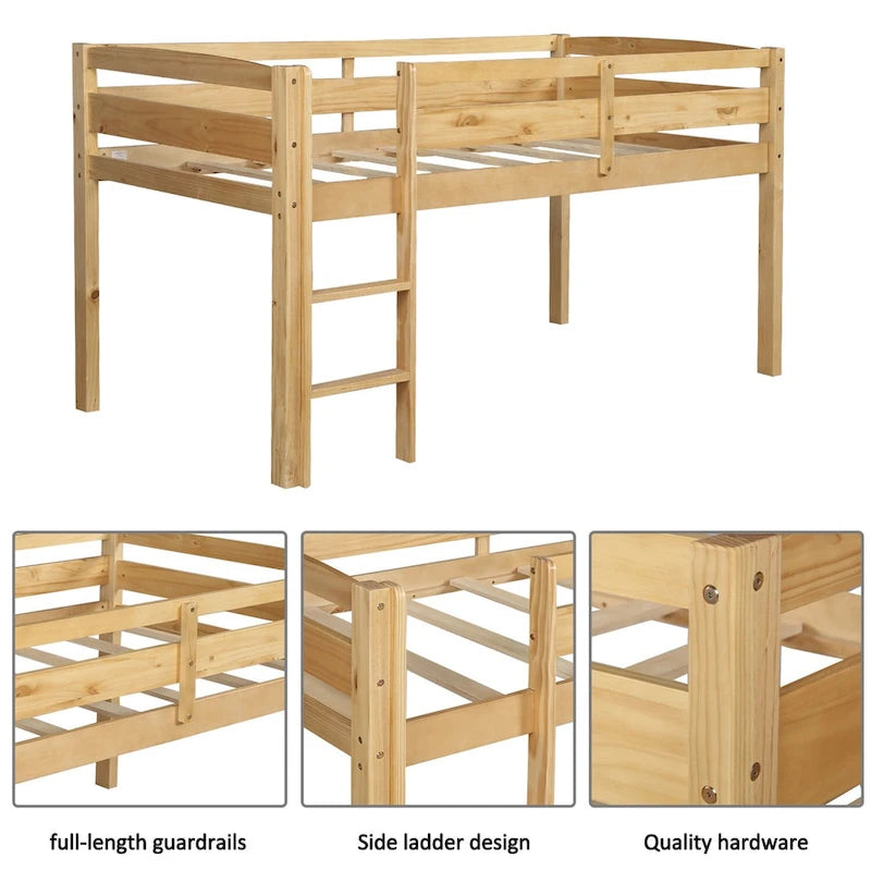 Twin Size Wood Low Loft Bed with Ladder and Fence for Kids, Boys and Girls