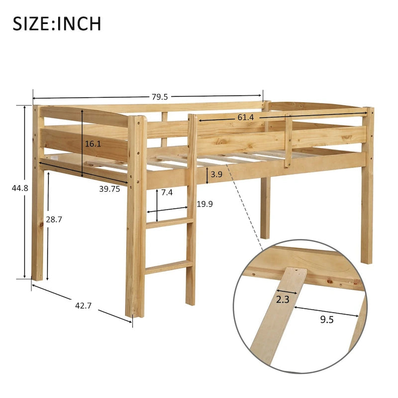 Twin Size Wood Low Loft Bed with Ladder and Fence for Kids, Boys and Girls