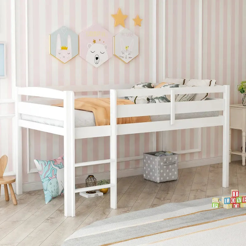 Twin Size Wood Low Loft Bed with Ladder and Fence for Kids, Boys and Girls