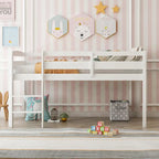 Twin Size Wood Low Loft Bed with Ladder and Fence for Kids, Boys and Girls