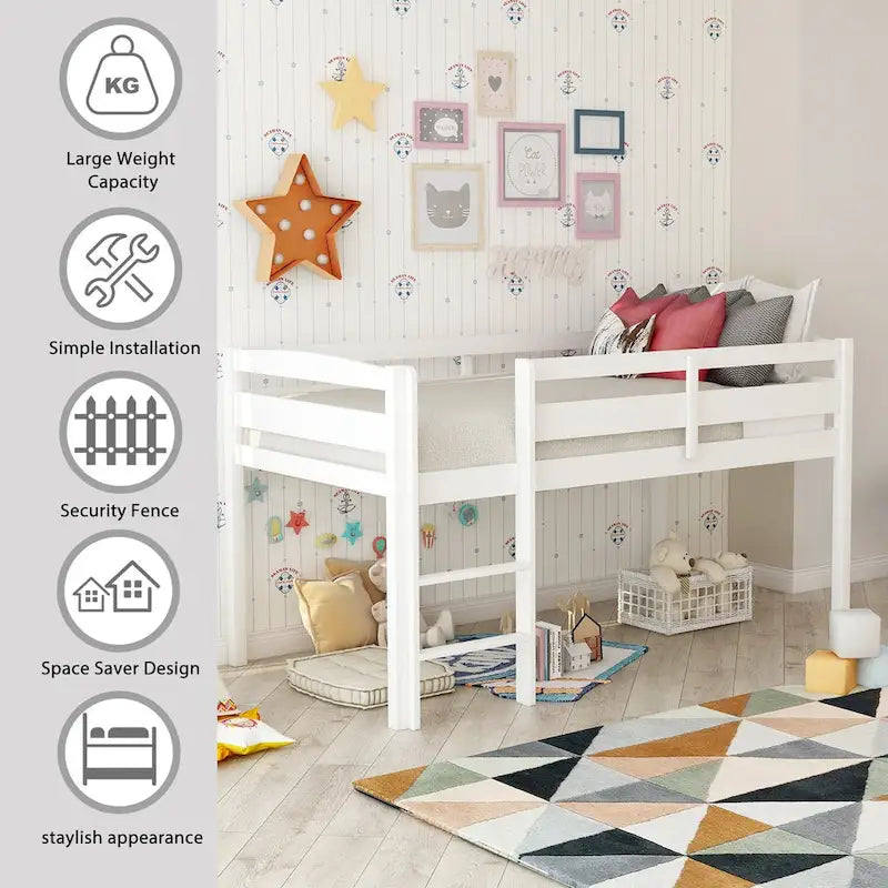 Twin Size Wood Low Loft Bed with Ladder and Fence for Kids, Boys and Girls