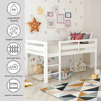 Twin Size Wood Low Loft Bed with Ladder and Fence for Kids, Boys and Girls