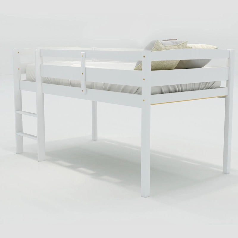 Twin Size Wood Low Loft Bed with Ladder and Fence for Kids, Boys and Girls