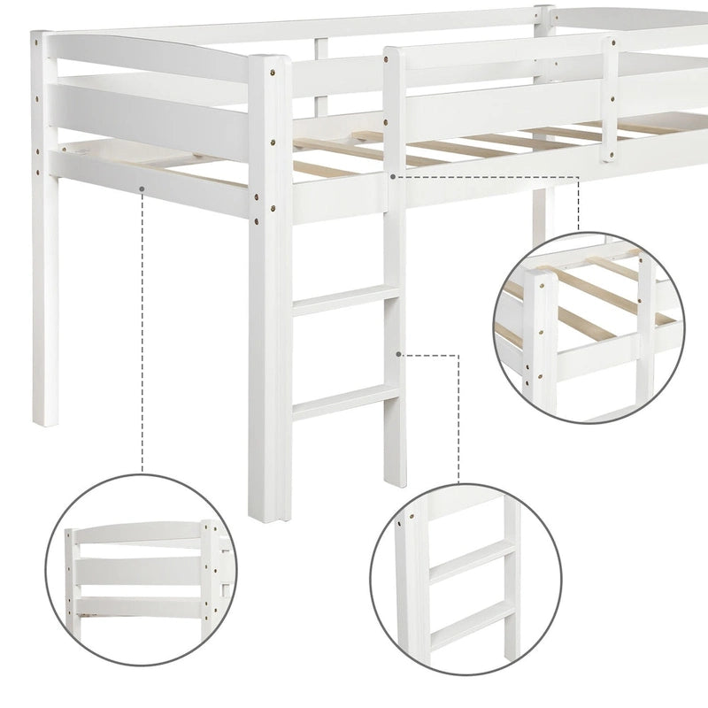 Twin Size Wood Low Loft Bed with Ladder and Fence for Kids, Boys and Girls