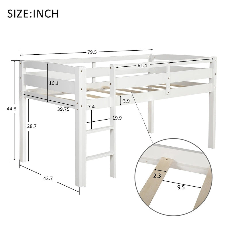 Twin Size Wood Low Loft Bed with Ladder and Fence for Kids, Boys and Girls