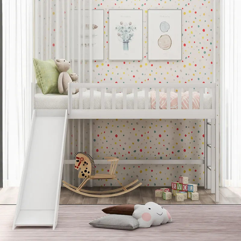 Twin Size Wood Low Loft Bed with Ladder and Slide for Kids, Boys and Girls