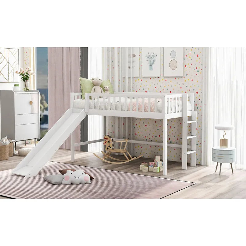 Twin Size Wood Low Loft Bed with Removable Slide and Ladder for Kids