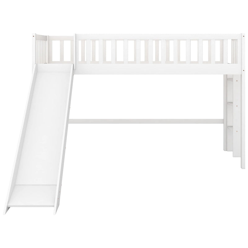 Twin Size Wood Low Loft Bed with Removable Slide and Ladder for Kids