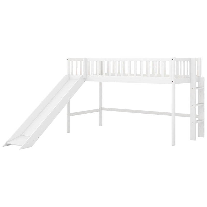 Twin Size Wood Low Loft Bed with Removable Slide and Ladder for Kids
