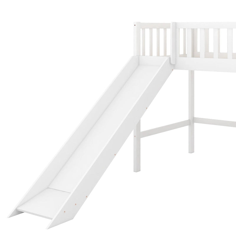 Twin Size Wood Low Loft Bed with Removable Slide and Ladder for Kids