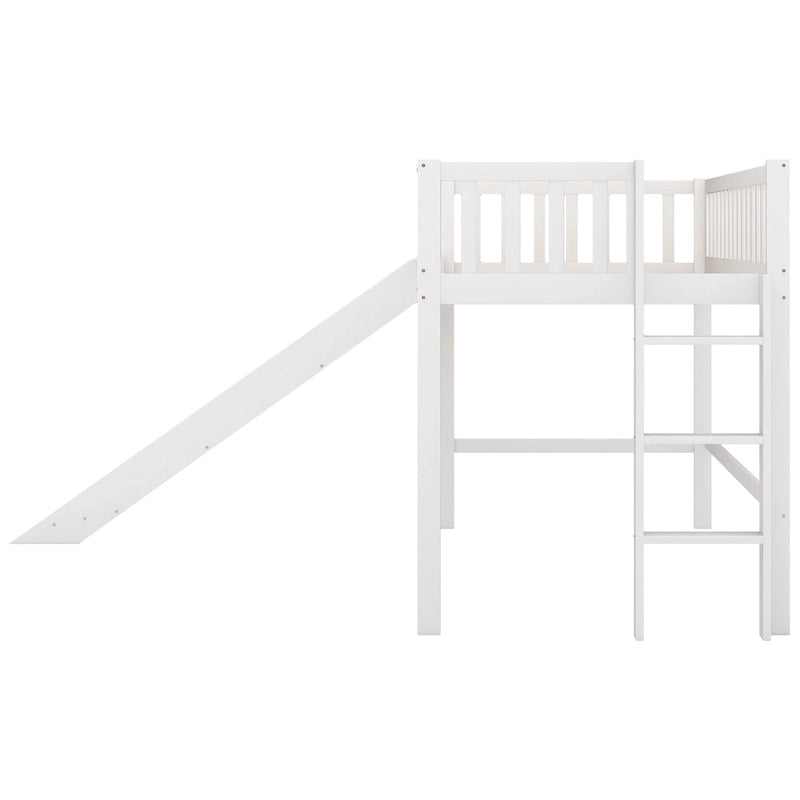 Twin Size Wood Low Loft Bed with Removable Slide and Ladder for Kids