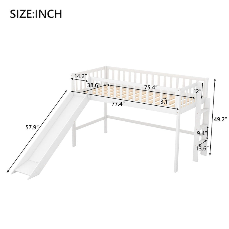 Twin Size Wood Low Loft Bed with Removable Slide and Ladder for Kids