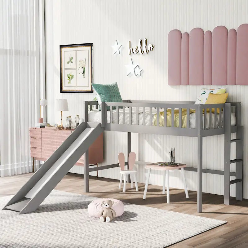 Twin Size Wood Low Loft Bed with Removable Slide and Ladder for Kids