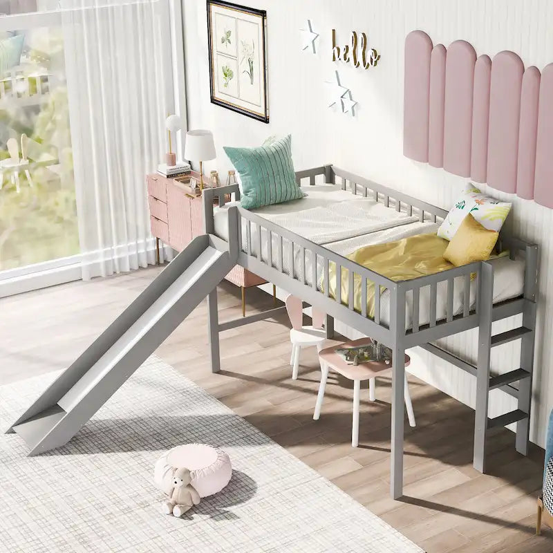Twin Size Wood Low Loft Bed with Removable Slide and Ladder for Kids