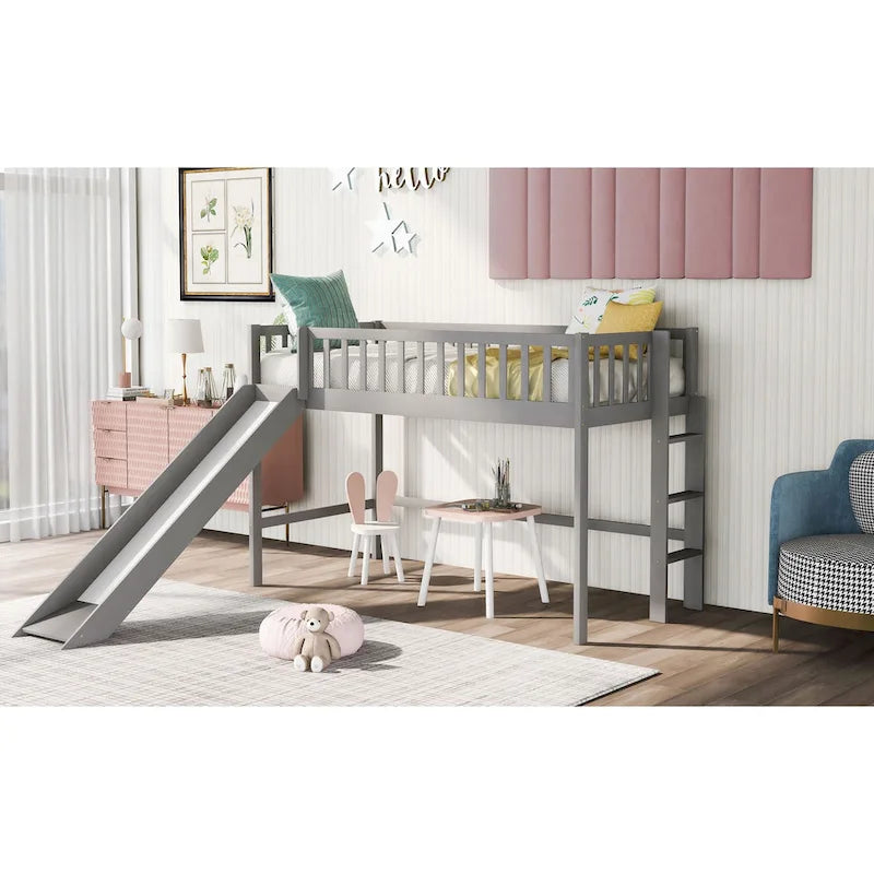 Twin Size Wood Low Loft Bed with Removable Slide and Ladder for Kids