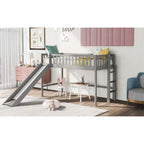 Twin Size Wood Low Loft Bed with Removable Slide and Ladder for Kids