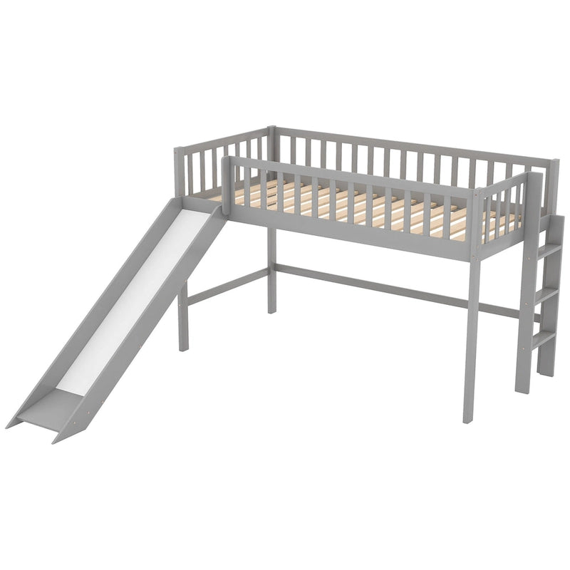 Twin Size Wood Low Loft Bed with Removable Slide and Ladder for Kids