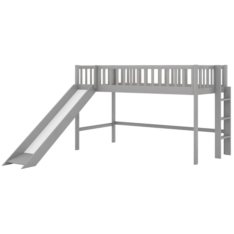 Twin Size Wood Low Loft Bed with Removable Slide and Ladder for Kids
