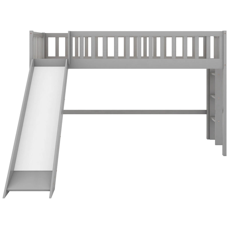Twin Size Wood Low Loft Bed with Removable Slide and Ladder for Kids