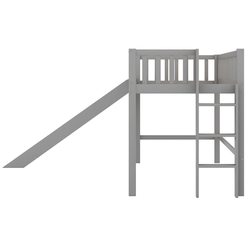 Twin Size Wood Low Loft Bed with Removable Slide and Ladder for Kids