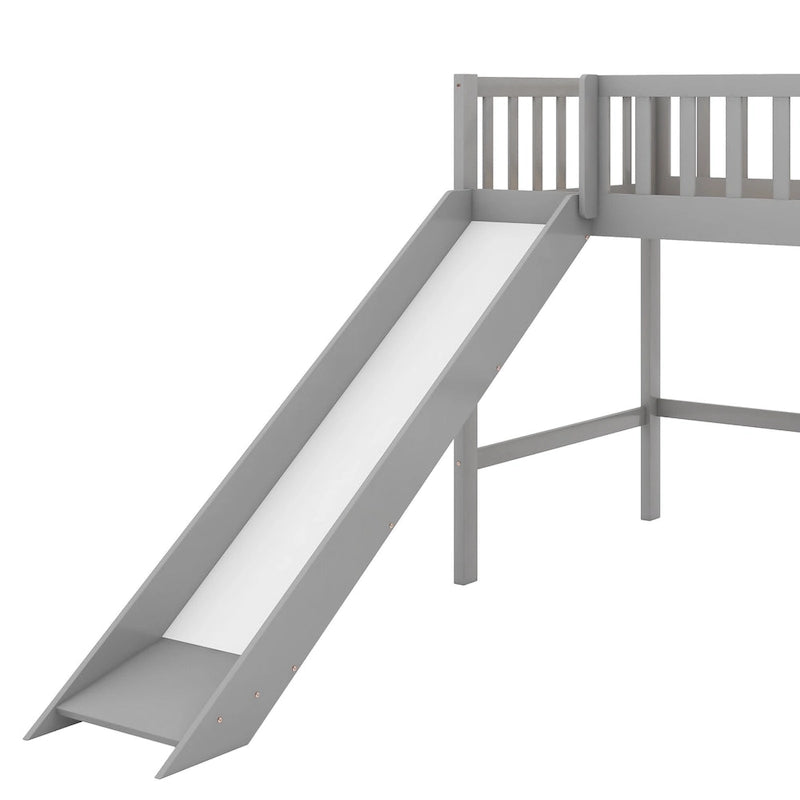Twin Size Wood Low Loft Bed with Removable Slide and Ladder for Kids