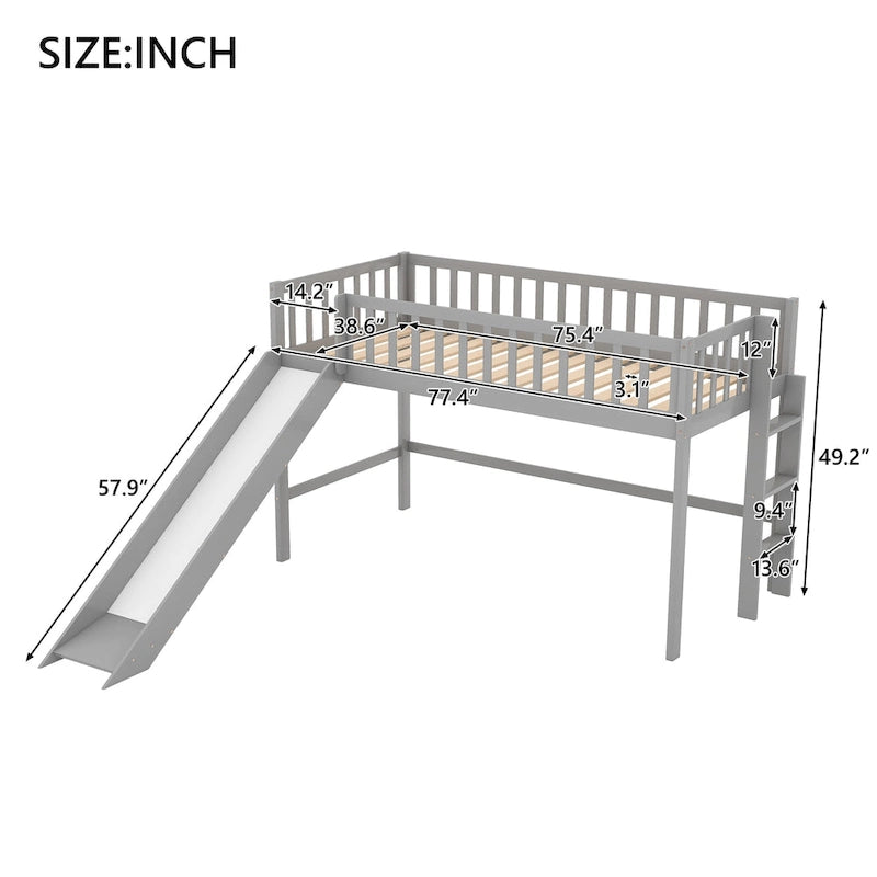 Twin Size Wood Low Loft Bed with Removable Slide and Ladder for Kids