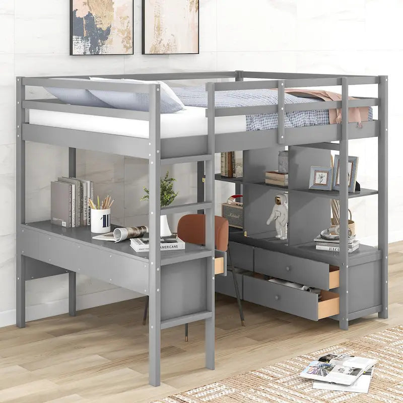 Pine Wood Loft Bed with Built-in Desk with Two Drawers, and Storage Shelves and Drawers