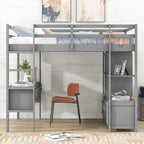 Pine Wood Loft Bed with Built-in Desk, Two Drawers and Storage Shelves