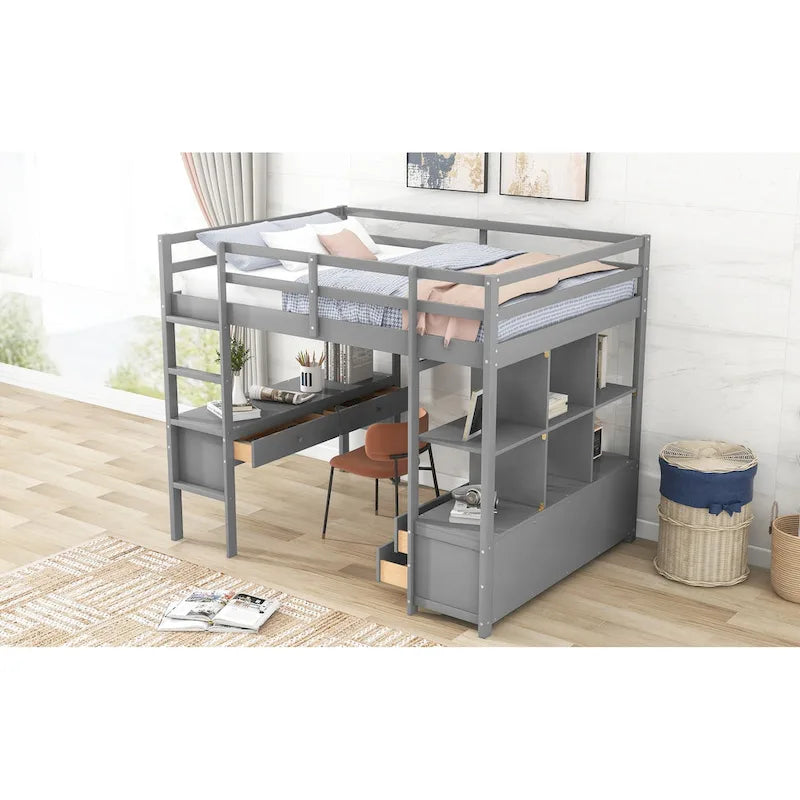 Pine Wood Loft Bed with Built-in Desk, Two Drawers and Storage Shelves