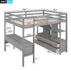Pine Wood Loft Bed with Built-in Desk, Two Drawers and Storage Shelves