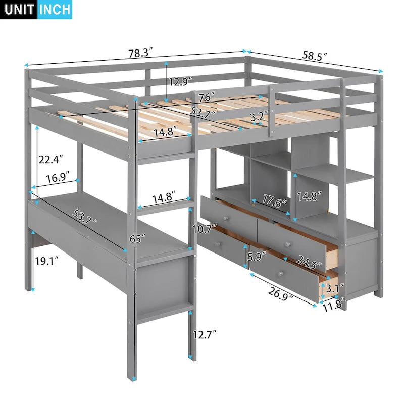 Pine Wood Loft Bed with Built-in Desk, Two Drawers and Storage Shelves