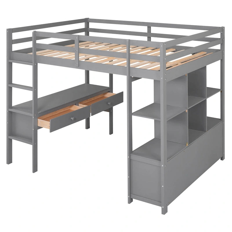 Pine Wood Loft Bed with Built-in Desk, Two Drawers and Storage Shelves