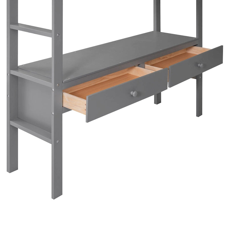 Pine Wood Loft Bed with Built-in Desk, Two Drawers and Storage Shelves