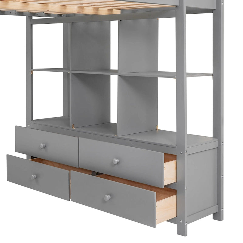 Pine Wood Loft Bed with Built-in Desk, Two Drawers and Storage Shelves