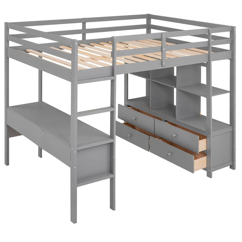 Pine Wood Loft Bed with Built-in Desk, Two Drawers and Storage Shelves