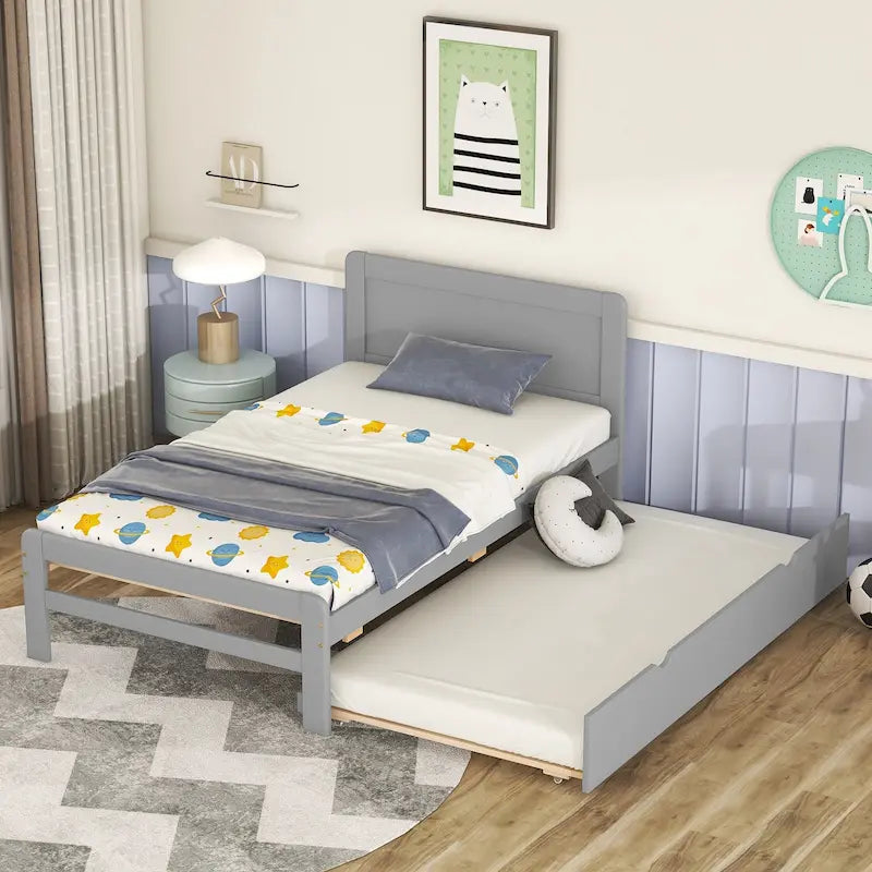 Grey Solid Wood Twin Bed with Pull-Out Trundle, No Box Spring Needed