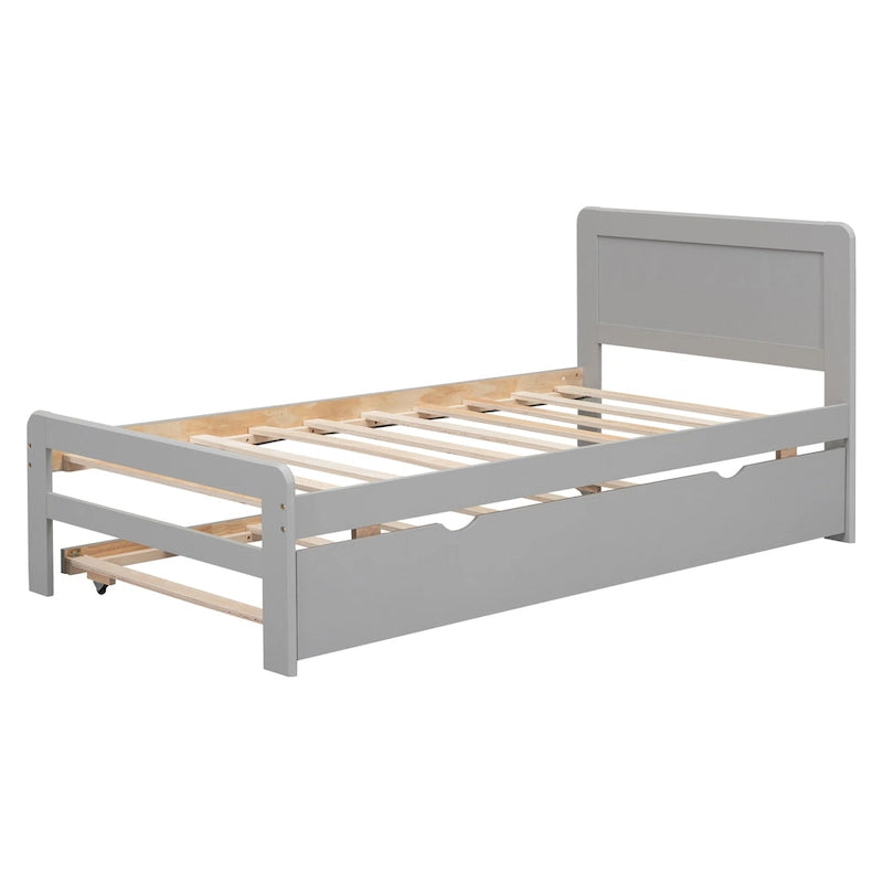 Grey Solid Wood Twin Bed with Pull-Out Trundle, No Box Spring Needed