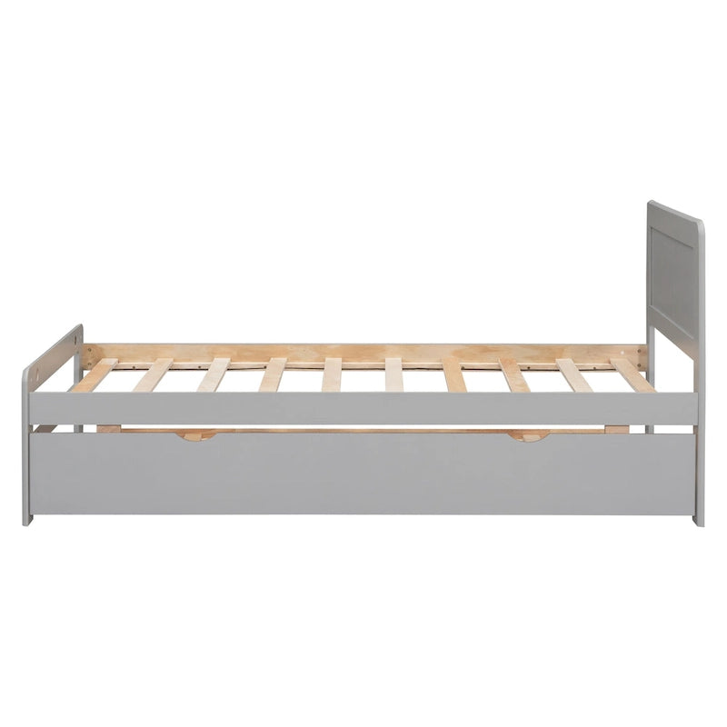 Grey Solid Wood Twin Bed with Pull-Out Trundle, No Box Spring Needed